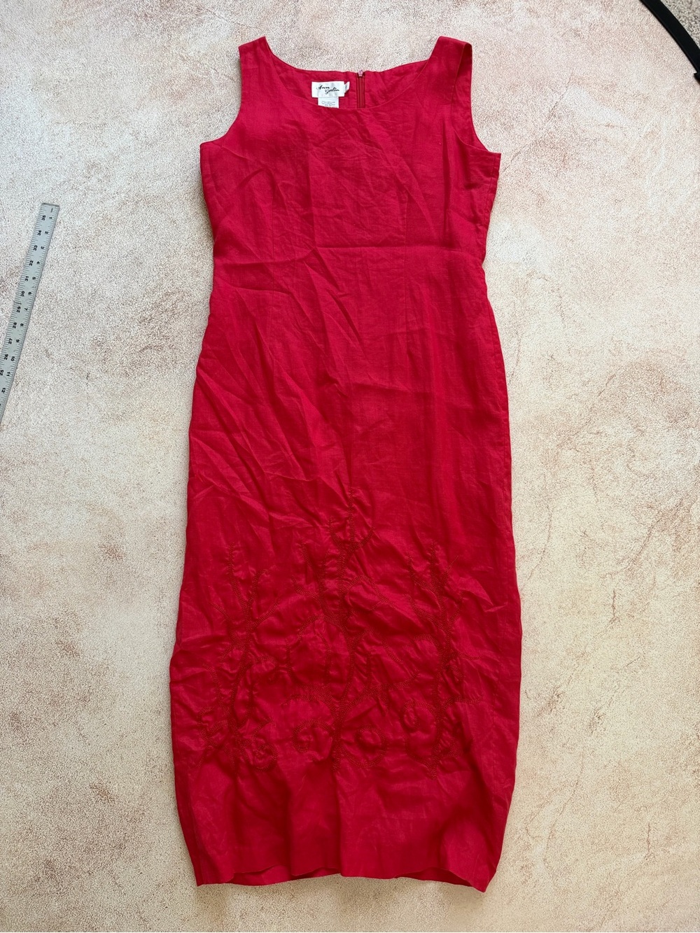 Sleeveless Red Linen Maxi Dress with Subtle Embroidered Detail